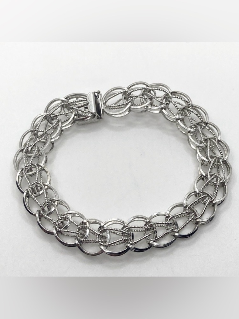 Vtg Sterling Silver Woven Link Charm Bracelet Slide Lock Clasp 7” L  .4 ” W 15 g